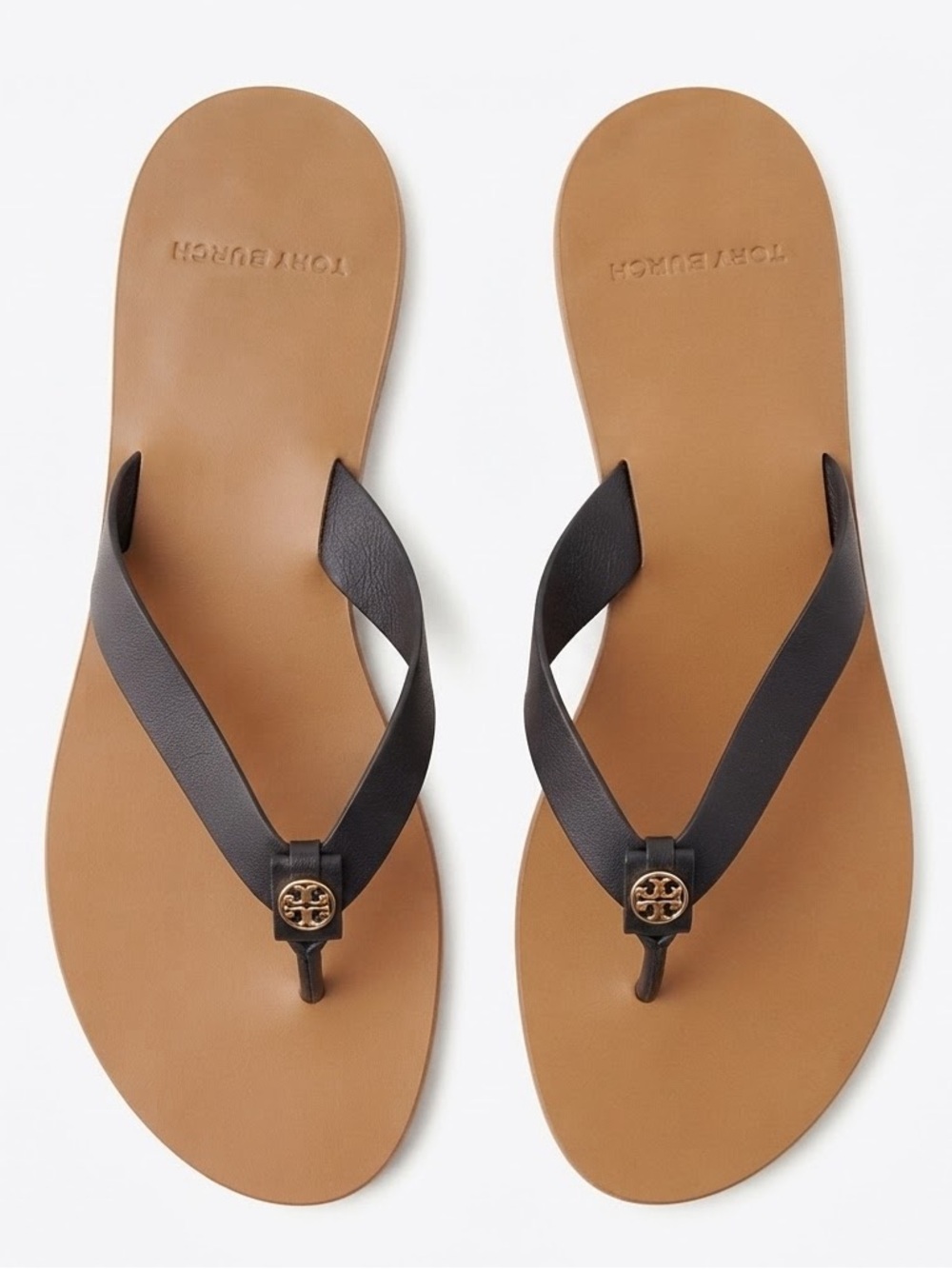Tory Burch Black Strap Tan Footbed Logo Thong Sandals